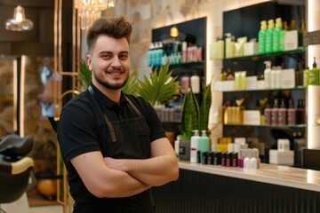 A male hair stylist stands in front of a salon counter in a beauty salon