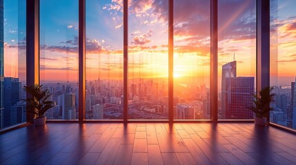 Early morning sun casts a warm, golden hue across a modern cityscape, as seen from the comfort of an interior space