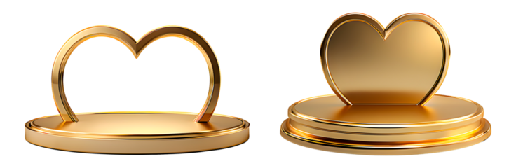 Two golden podiums with heart frames isolated on transparent background.