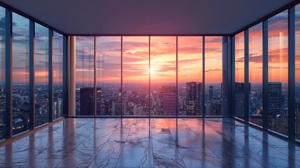 A breathtaking sunset over a bustling cityscape captured from the full-height windows of a sleek, modern building