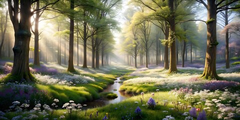 Enchanted Springtime: Sunlit Woodland Glade with Blossoming Flowers - obrazy, fototapety, plakaty