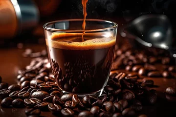 Fotobehang Professional Product Photo of Hot Coffee Being Poured into Glass Cup with Steam and Reflections © João Queirós