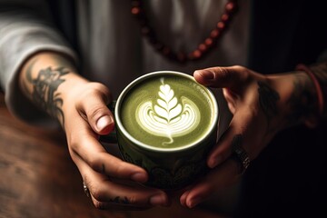 Person Holding Cup of Green Liquid with Plant Latte Art - Powered by Adobe