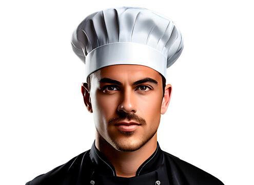 Portrait of male younh cheff wearing cheff's hat isolated on transparent background.