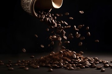 Dramatic Coffee Cup Pouring Out of Pile of Beans on Table - obrazy, fototapety, plakaty
