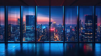The vibrant cityscape illuminated by countless lights from towering buildings just after sunset, all mirrored in the pristine glass of a high-rise room - obrazy, fototapety, plakaty