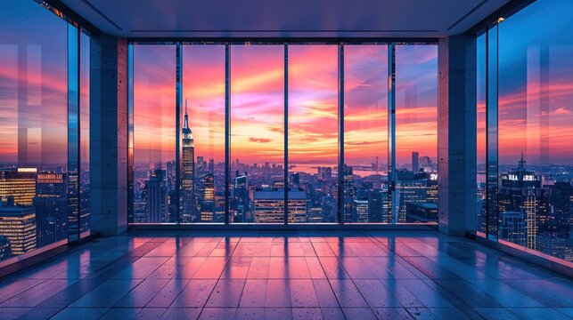 An awe-inspiring view captured from within a room showing a breathtaking pink sunrise above the city skyline, reflecting off gleaming skyscrapers
