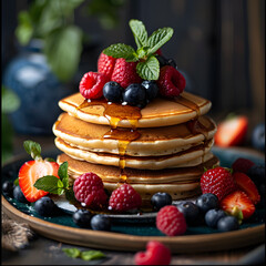A delicious stack of pancakes topped with berries and syrup