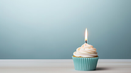 A simple yet elegant birthday cupcake with a single candle, set on a minimalist table, creating a serene scene against a soft, neutral background Ai Generative