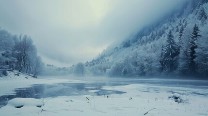 Soothing cinemagraph of snow-covered landscape beckons with tranquility and reflection. - obrazy, fototapety, plakaty
