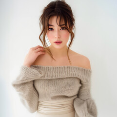 Close-up of a Pretty Young Korean Woman in Off-the-Shoulder Sweater and Midi Skirt, showcasing confidence with a captivating gaze photo on white isolated background - obrazy, fototapety, plakaty