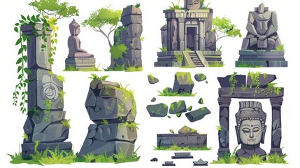 In the jungle lies an ancient ruin of ancient lost civilization buildings and statues. Cartoon modern illustration of a stone temple with green liana vines. Destroyed abandoned monument and ruin. - obrazy, fototapety, plakaty