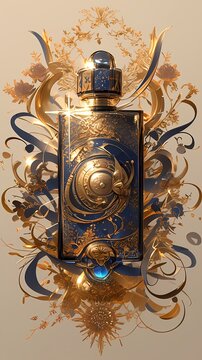 Antique wooden parfum adorned with a heraldic coat of arms and intricate metal ornaments, featuring gold and bronze accents in a vintage style