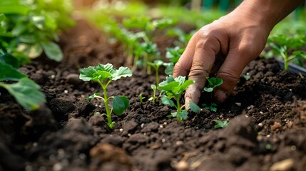 Hand Planting Seedlings in Fertile Soil for Sustainable Agriculture and Nutritious Food Production
