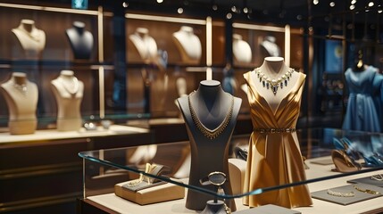 Modern Retail Shop Showcasing Stylish Formal Attire and Sparkling Jewelry generative ai