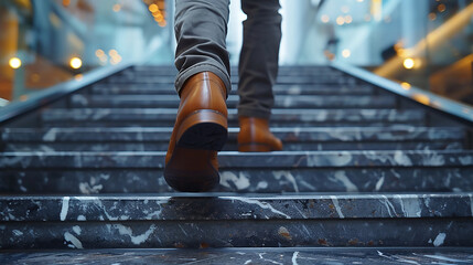 Moving forward, success, grow up concept. Rear view, close up shoes of young man walking stepping going up the stairs in modern city. - obrazy, fototapety, plakaty