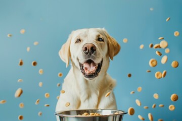 very happy labrador with a bowl of kibble, kibble flying around, pastel blue background