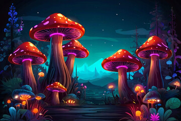 Dive into a fantasy landscape featuring isolated vector-style illustration of neon mushrooms, adding an otherworldly allure to your designs - obrazy, fototapety, plakaty