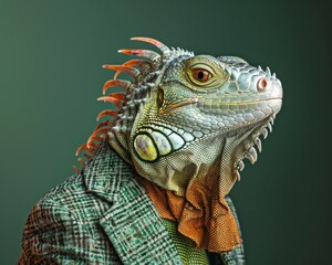 Fototapeta premium An iguana in a green business setting, wearing eco-friendly attire, symbolizing sustainable practices and adaptability