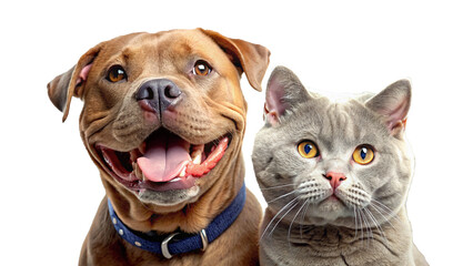 close up photo of pitbull dog and british cat with cheerful expression and transparent background - obrazy, fototapety, plakaty