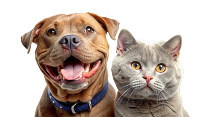 close up photo of pitbull dog and british cat with cheerful expression and transparent background