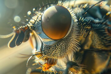 Macro shot of a flys eye, revealing the compound structure and reflections, suitable for detailed insect photography - obrazy, fototapety, plakaty