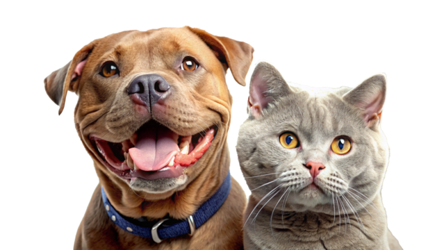 close up photo of pitbull dog and british cat with cheerful expression and transparent background
