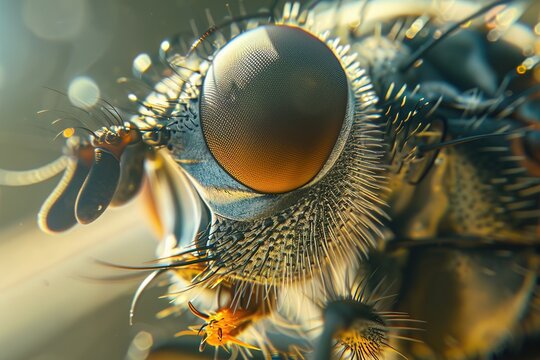 Macro shot of a flys eye, revealing the compound structure and reflections, suitable for detailed insect photography