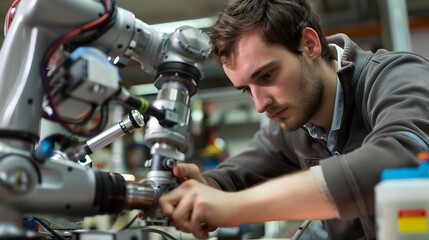 Skilled Mechanical Engineer Finely Tuning Robotic Arm for Automated Technology and Precision Advancements