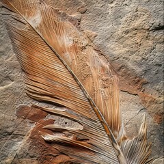 Closeup of a fossilized dinosaur feather, emphasizing the link between dinosaurs and birds, great for evolutionary biology