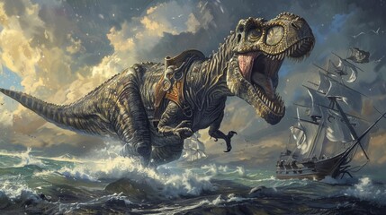 An Acrocanthosaurus in pirate attire, its towering height allowing it to scout far across the turbulent seas