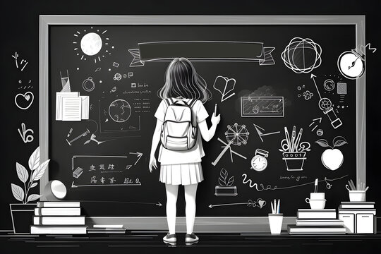 Thank you, teacher. Greetings for the World Teacher's Day concept with school students' back view drawing doodles of learning education graphic freehand illustration icon on black chalkboard design.