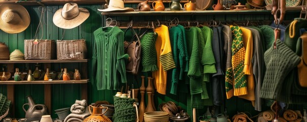 A display of traditional Irish crafts, including knitwear and pottery, for Saint Patrick's Day tourists - obrazy, fototapety, plakaty