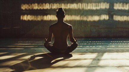 Portrait of a person in meditation, half in shadow, half in sunlight, embodying peaceful mind and imperfection , advertise photo