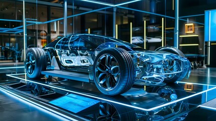 Sleek Electric Vehicle with Transparent Chassis Showcased in Futuristic Showroom