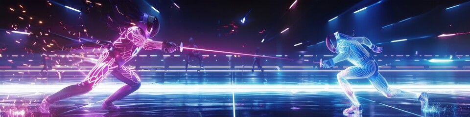 A neon-lit fencing match, with combatants in glowing suits and swords clashing, creating sparks of light in the dim arena