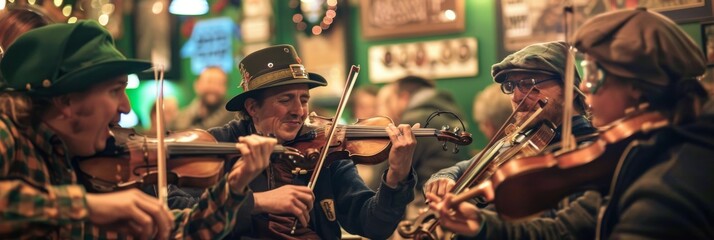 A group of musicians playing traditional Irish tunes in a pub, celebrating Saint Patrick's Day