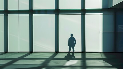 Fototapeta na wymiar Executive Silhouette Casting Long Shadow in Empty Office Space Illustrating Solitary Nature of Leadership