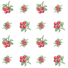 Seamless pattern with red berries and green leaves on a white background.