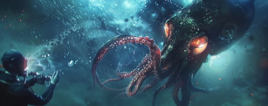 A detailed 3D scene of a deep-sea diver encountering a colossal squid in the murky depths of the ocean