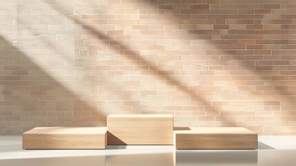 Detailed modern of pastel beige scene with rectangular high and low platforms with texture of light brown wood and a brick wall.