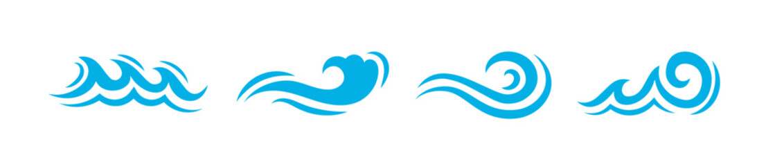 Wave swirl flat set. Waves blue symbol collection. Marine concept logo.