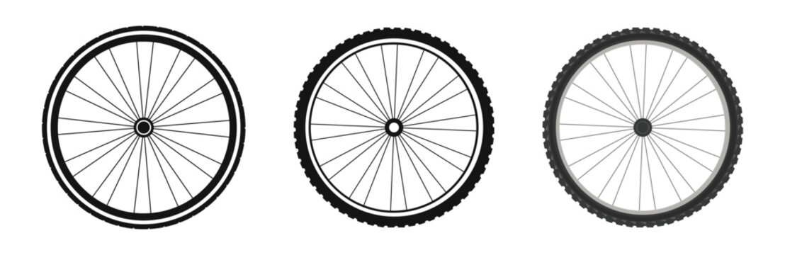 Bicycle wheel vector set. Bike tires flat and black silhouette style.