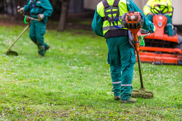 Landscapers working with lawn equipment