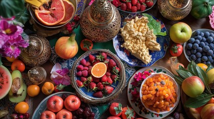 A bountiful display of fruits, sweets, and delicacies laid out on a table in preparation for the Eid al-Adha