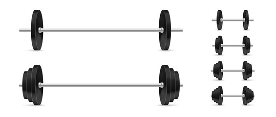 Barbells and dumbbells vector realistic set. Barbell and dumbbell illustration. Weightlifting concept.