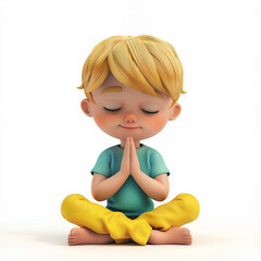 Little blond boy sitting in lotus position, eyes closed, hands folded in namaste, isolated on white background - 774161957
