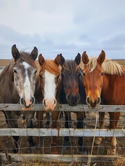 A herd of horses with an array of coat colors and patterns standing in a rural field, creating a visually striking and natural scene.