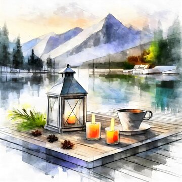 Calming painting of meditative environment at relaxing tranquill cabin at the lake.