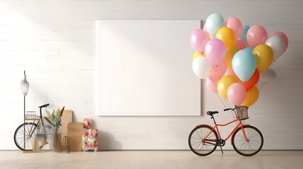 Mockup poster frame with bicycle and balloons. 